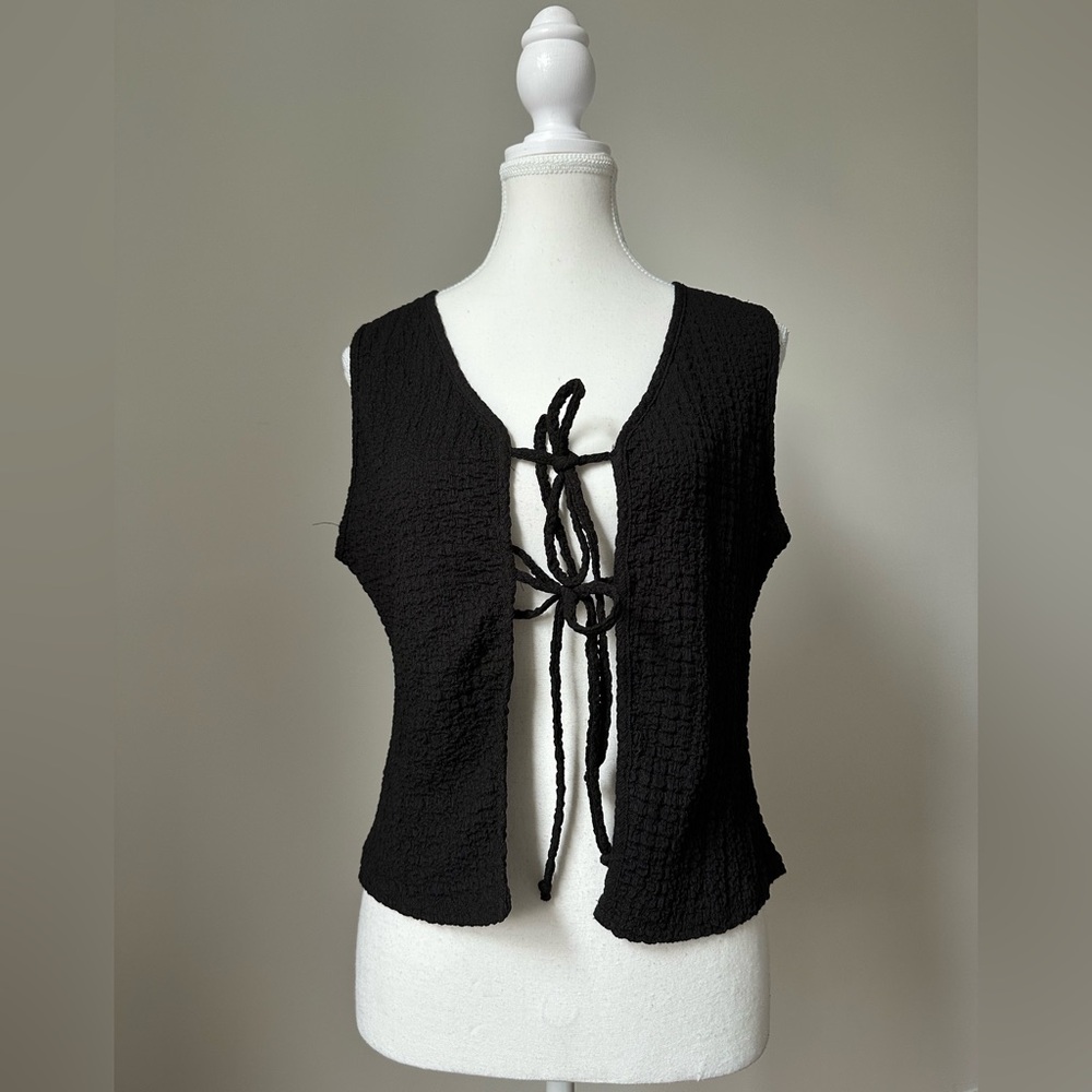 SEE YOU MONDAY Black Sleeveless Tie Front Summer Boho Festival Top Size L